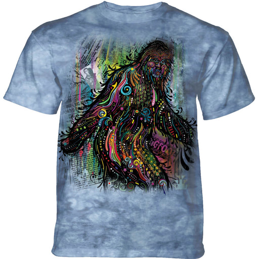 Mottled blue t-shirt with Bigfoot in Dean Russo's rainbow pattern style