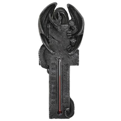 Faux-stone black thermometer with dragon perched at the top