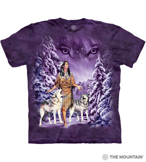 Purple mottled t-shirt with Native American woman, two wolves, wolf eyes in the sky