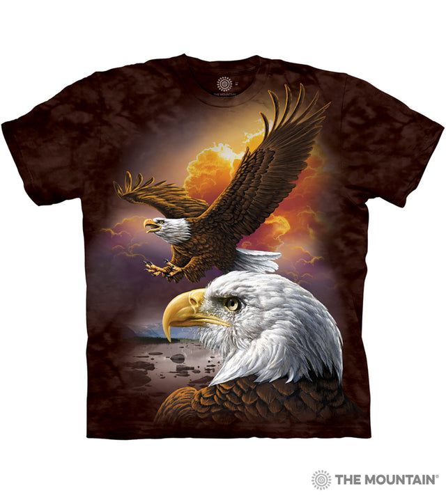 Brown mottled t-shirt with two eagles and sunlit clouds