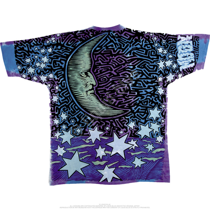 Back o ft-shirt, blue and purple moon and stars tie dye