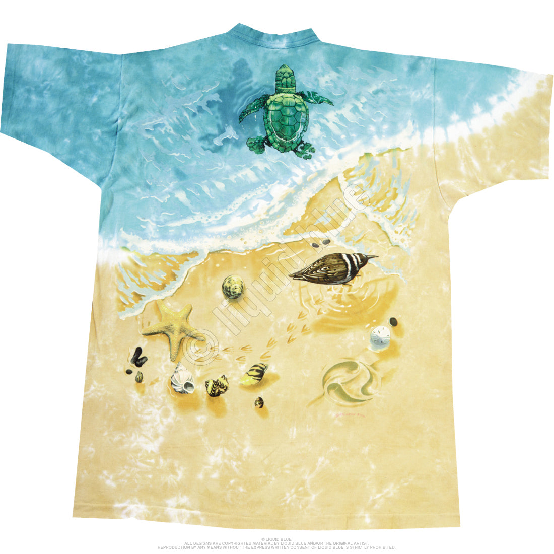 Back of T-shirt with a design of a turtle, bird and shells