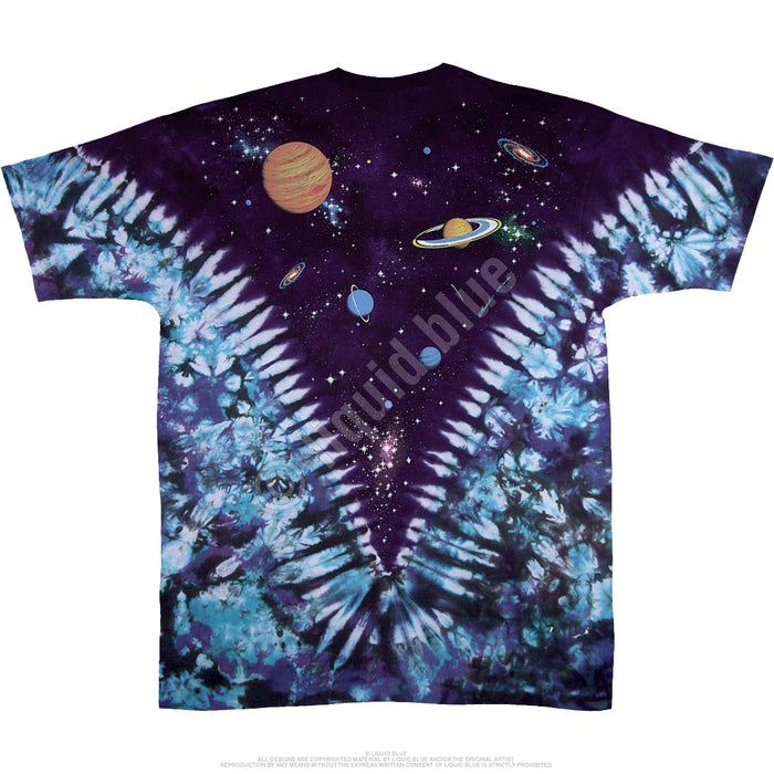 Blue and purple tie dye shirt with stars and planets