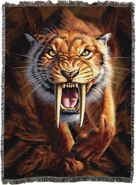 Sabretooth tiger with golden eyes and big teeth on tapestry blanket