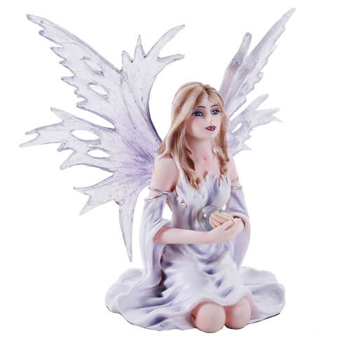 Fairy figurine, wearing pale white gown and icy wings, blind hair, holding a crystal ball