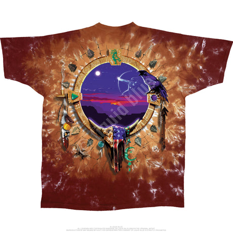 Native American themed southwest tee with sunset emblem at center, back of tee shown