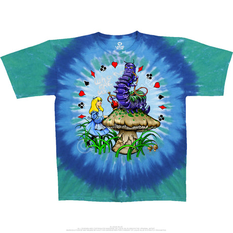 T-Shirt in blue and green tie-dye with Alice in Wonderland on the front