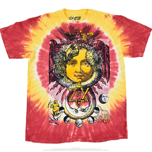 Red and yellow tie-dye shirt with sun designs