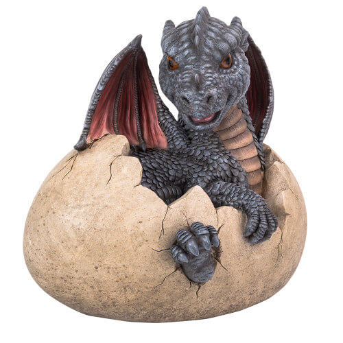 Figurine of a gray and red dragon hatching from a tan egg