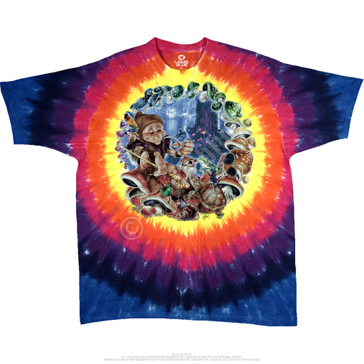 Rainbow tie-dye shirt with an elf in a ring of mushrooms with bugs and wildlife
