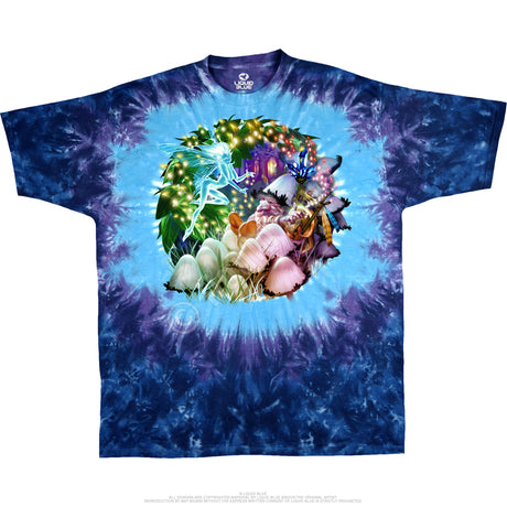 Blue & purple tie dye shirt with mushrooms, elf, and fairy