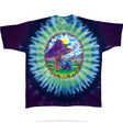 Tie-dye t-shirt with a colorful mushroom design, with wizard and frog