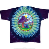 Tie-dye t-shirt with a colorful mushroom design, with wizard and frog