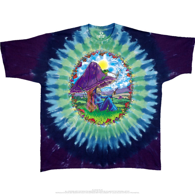 Tie-dye t-shirt with a colorful mushroom design, with wizard and frog