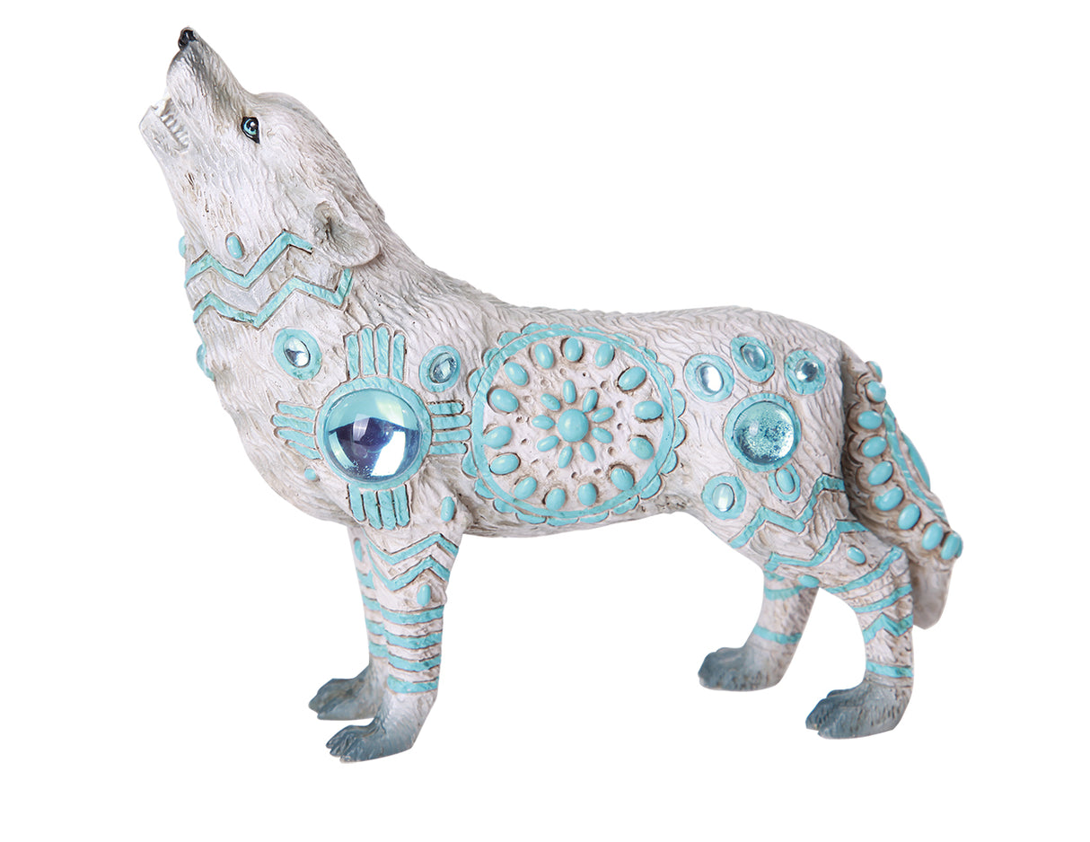 Decorative wolf figurine with blue patterns on a white background