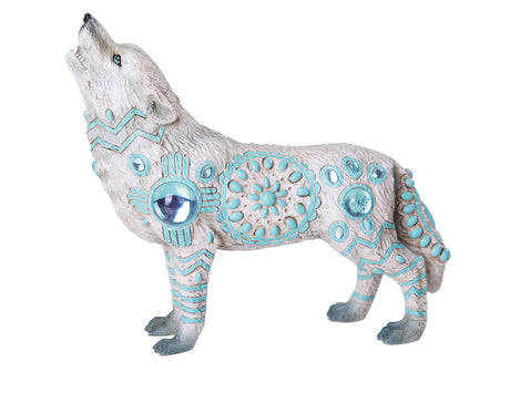 Decorative wolf figurine with blue patterns on a white background