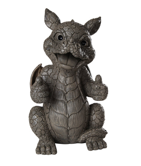 Figurine of grey faux-stone dragon giving two thumbs up and smiling