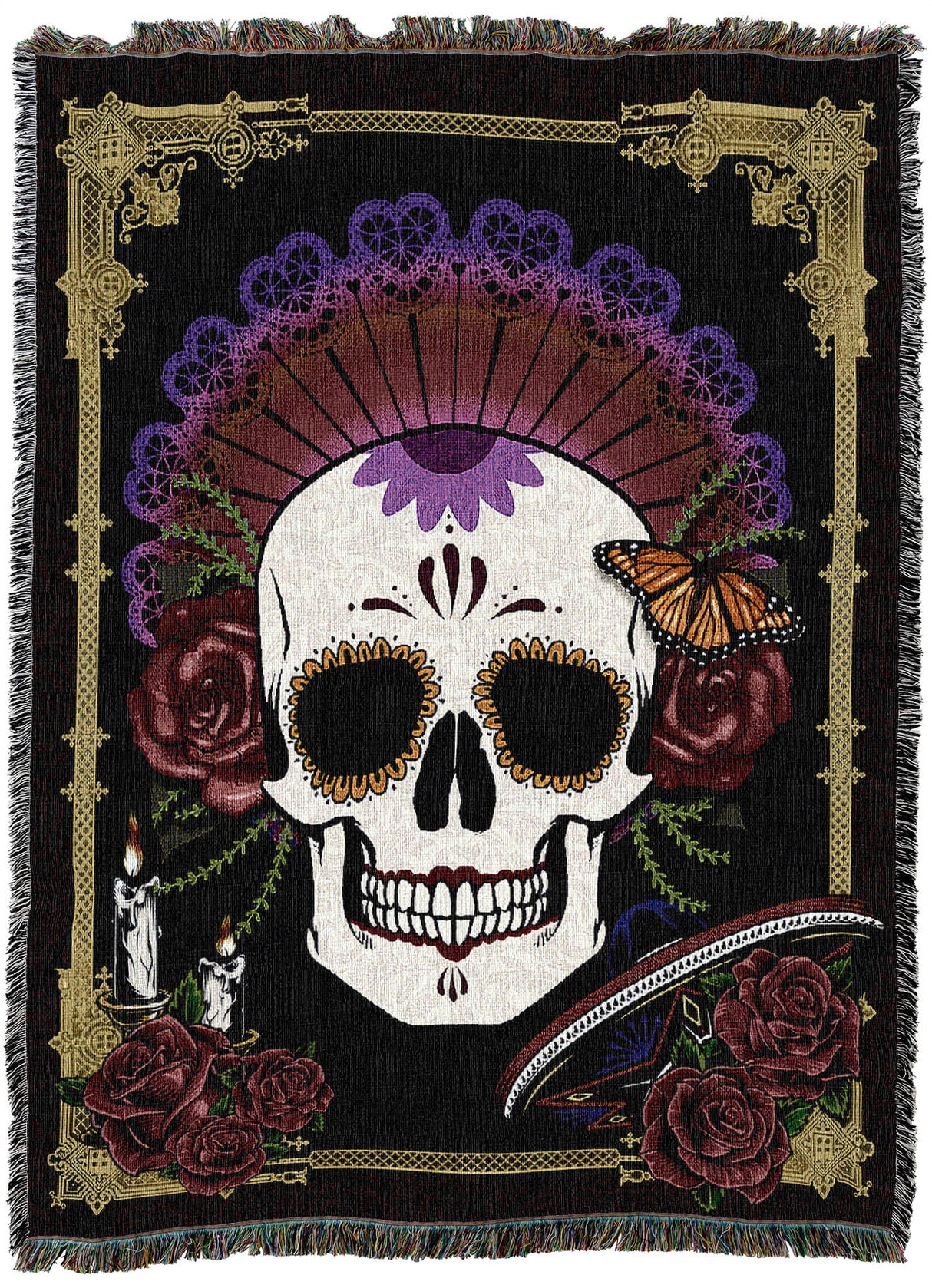 Tapestry blanket showing a grinning skull with flowers and a butterfly on a black background with gold border