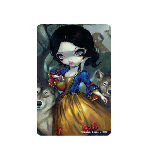 Magnet with Snow White holding an apple and two wolves