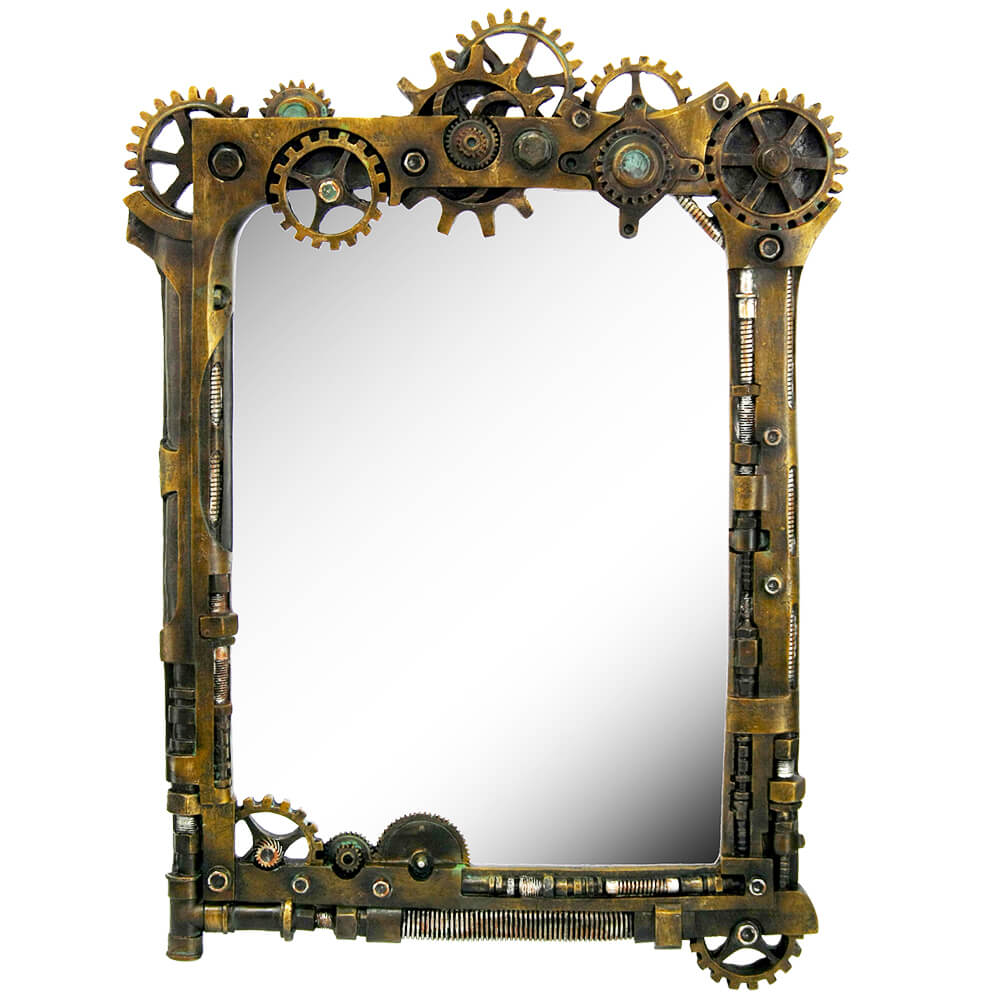 Steampunk mirror with faux-metal cogs and gears in shades of brown and copper