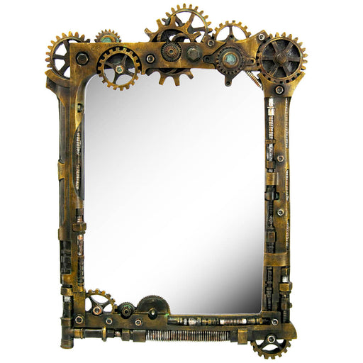 Steampunk mirror with faux-metal cogs and gears in shades of brown and copper