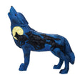 Blue wolf figurine with black wolf pack markings and a yellow moon on a white background
