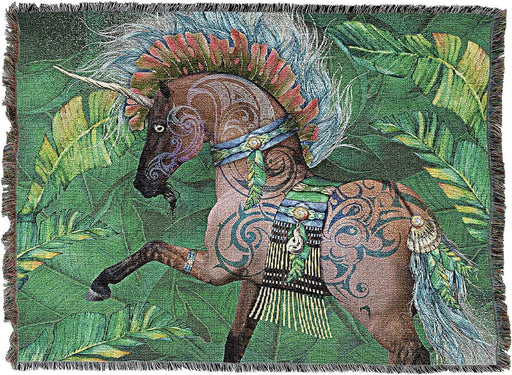 Tapestry Blanket with a unicorn adorned with tribal tattoos, feathers and blanket in a rainforest setting