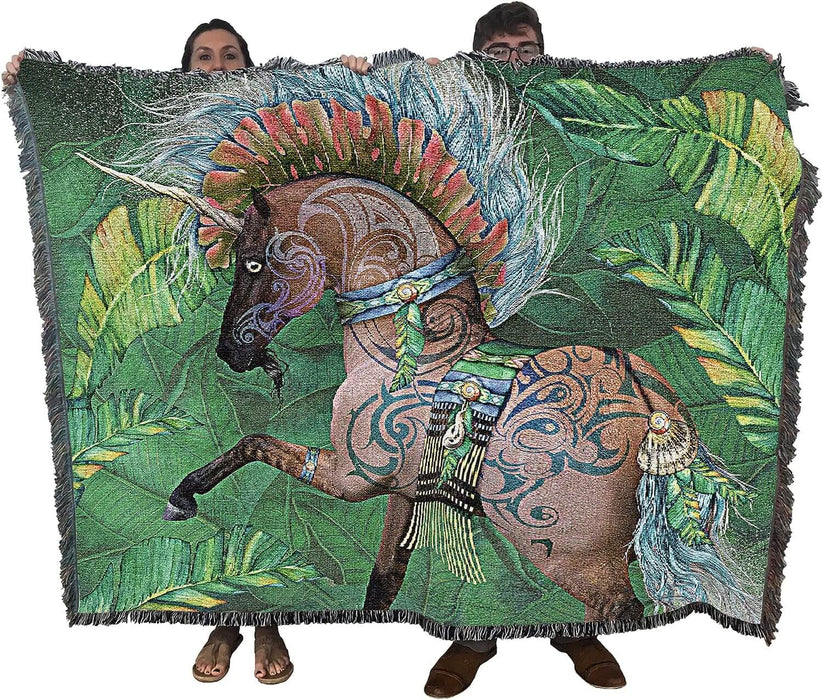 Rawiri unicorn tapestry blanket held up by adults to show large size