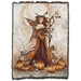 Tapestry Blanket featuring Amy Brown fairy in orange and red and brown, standing with owl on her staff amidst pumpkins, with raven and fox by her feet