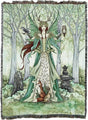 Tapestry Blanket of fairy in green with fox, owl, hare, and raven standing in a forest