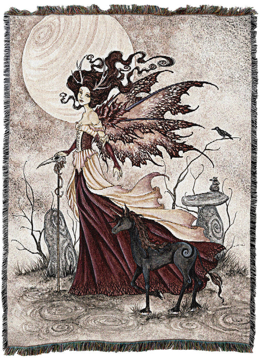Red Queen tapestry blanket showing a fairy in burgundy and a black unicorn in front of a full moon and stacked rocks