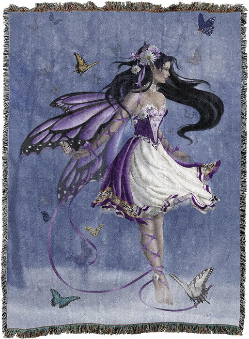 Tapestry blanket with art by Nene Thomas of a fairy in purple with black hair surrounded by butterflies