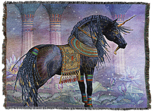 Tapestry blanket by Laurie Prindle of "Osirus" dark unicorn with Egyptian accessories and gold horn on a watercolor background