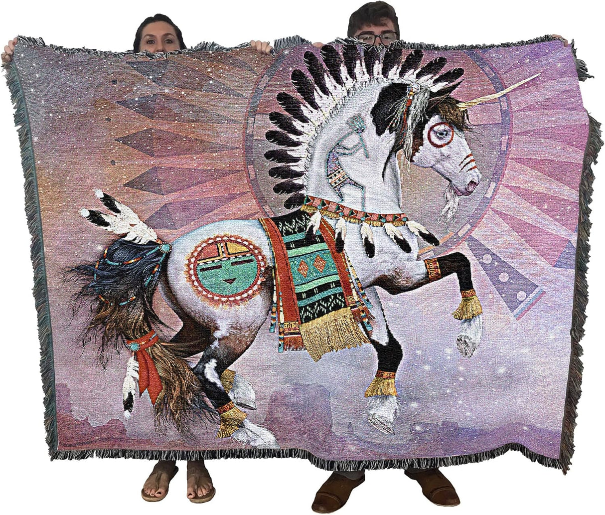 Tapestry blanket held by two adults to show large size