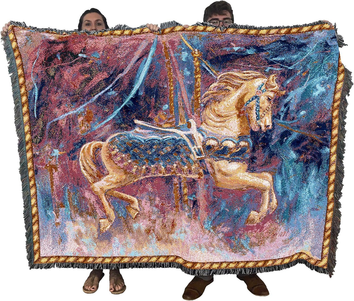 Tapestry blanket of a carousel horse, held by two adults