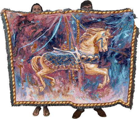 Tapestry blanket of a carousel horse, held by two adults