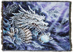 Tapestry blanket with silver dragon gazing out from blue-purple swirling background. He holds a crystal ball.
