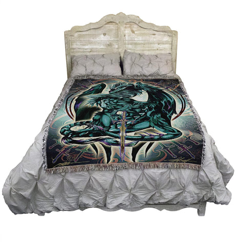 Dragonblade tapestry blanket shown on a bed