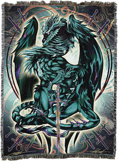 Woven blanket with a dragon design and sword, teal dragon with purple accents, swirling background.
