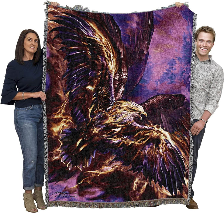 Firebird tapestry held by two adults to show large size