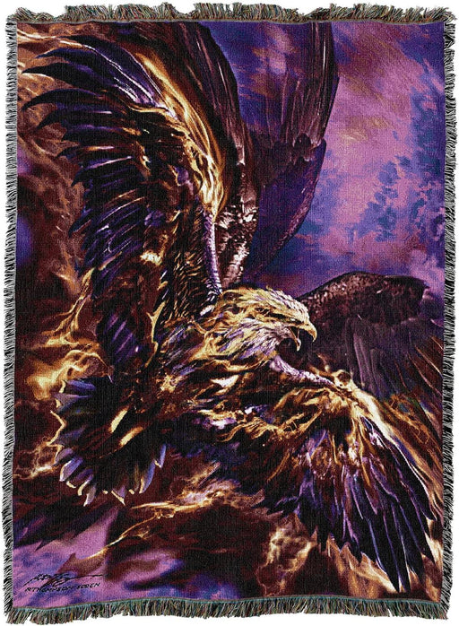 Tapestry blanket with a phoenix (firebird) soaring into a purple sky