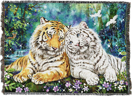 Tapestry blanket with orange and white tiger lying down amongst flowers, birds, fawn, waterfall