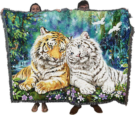 Tapestry blanket held by two adults to show large size