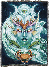 Tapestry blanket with face of nautical goddess, moon phases, turtles and crab