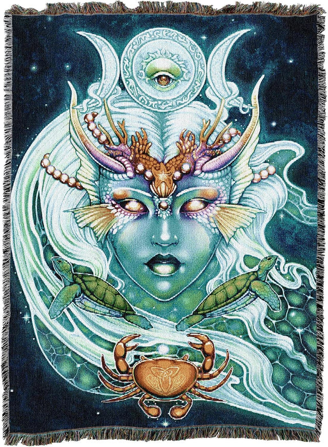 Tapestry blanket with face of nautical goddess, moon phases, turtles and crab