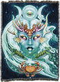 Tapestry blanket with face of nautical goddess, moon phases, turtles and crab