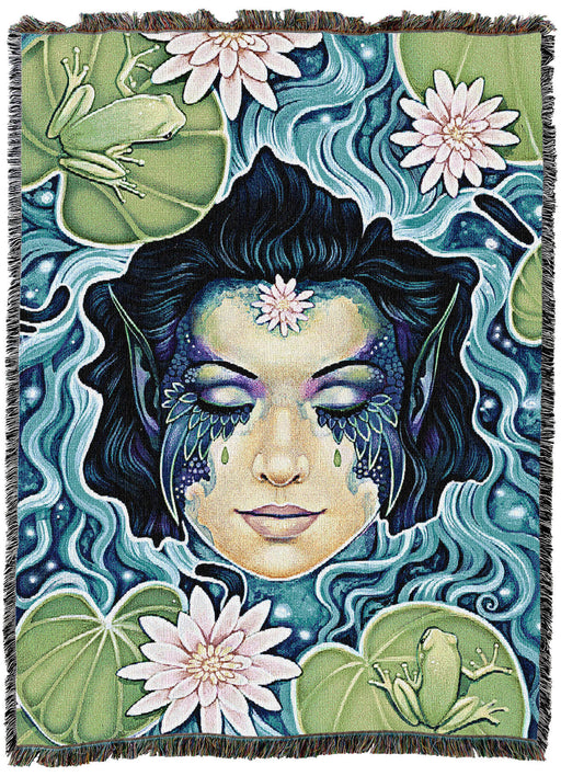 Tapestry Blanket showing dark haired fairy at the center of a blue pond with water lilies and a frog
