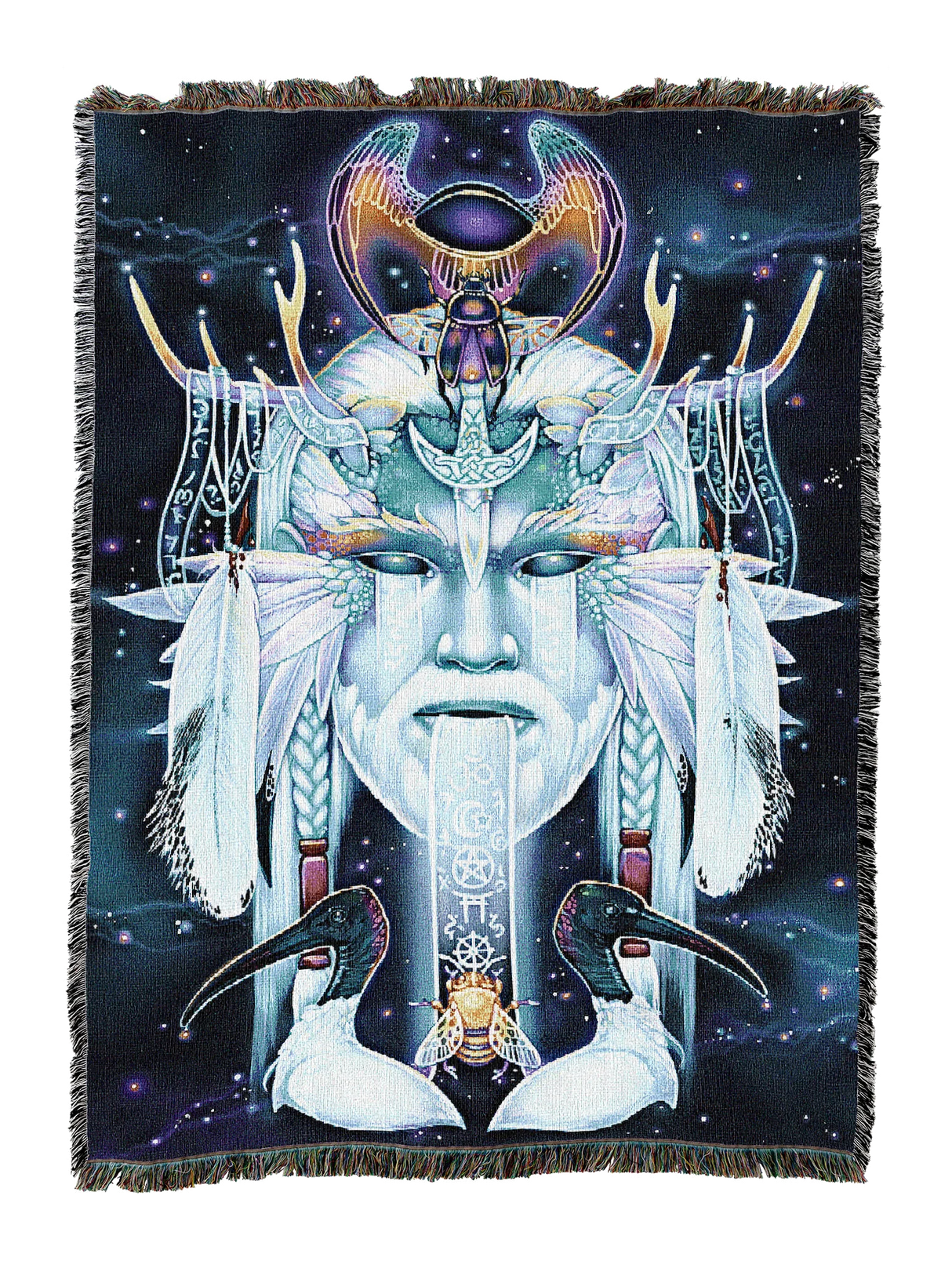 Tapestry blanket with face of an air god, birds, bee, symbols