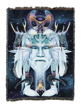 Tapestry blanket with face of an air god, birds, bee, symbols