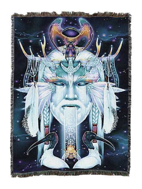 Tapestry blanket with face of an air god, birds, bee, symbols